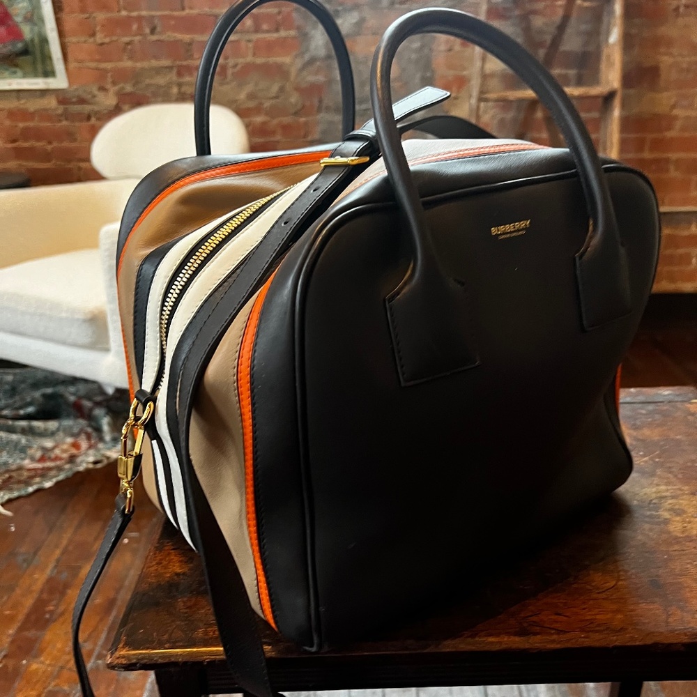 BURBERRY Coffee/Pumpkin Medium Stripe Intarsia Leather Cube Bag